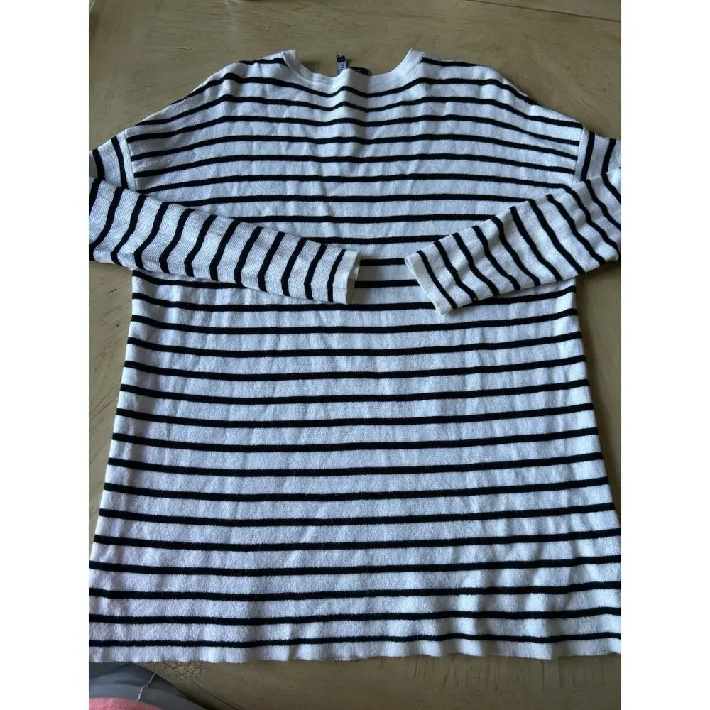 Eileen Fisher Sweater Striped Nautical Distressed Crew Neck Knit Coastal Soft L